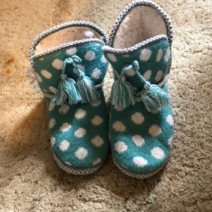 Teal slippers with white spots